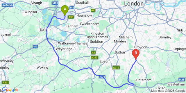 Map: London Heathrow Airport (LHR) to London - Purley