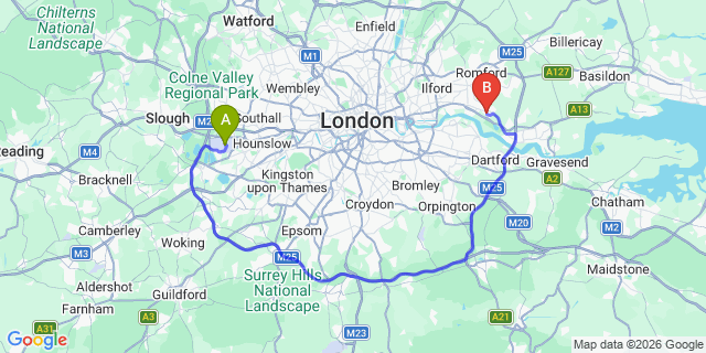 Map: London Heathrow Airport (LHR) to London - Rainham
