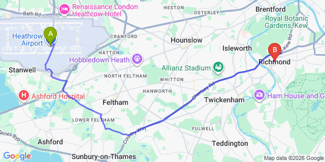 Map: London Heathrow Airport (LHR) to London - Richmond