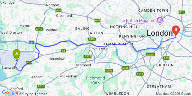 Map: London Heathrow Airport (LHR) to London SE1