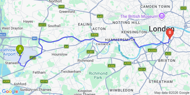 Map: London Heathrow Airport (LHR) to London SE11