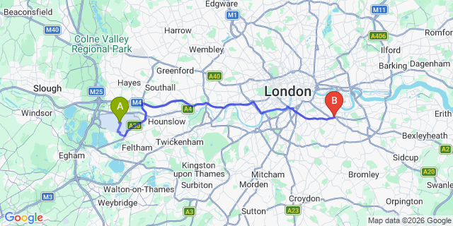 Map: London Heathrow Airport (LHR) to London SE14