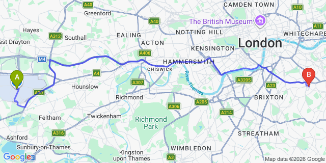 Map: London Heathrow Airport (LHR) to London SE15