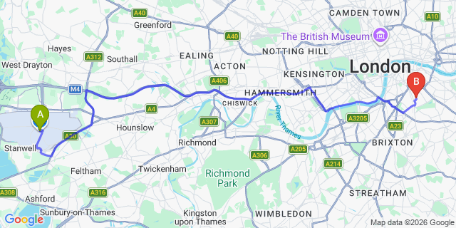 Map: London Heathrow Airport (LHR) to London SE17