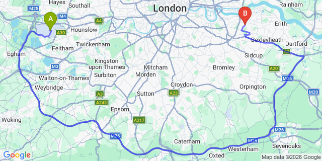Map: London Heathrow Airport (LHR) to London SE18