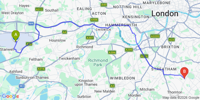 Map: London Heathrow Airport (LHR) to London SE19