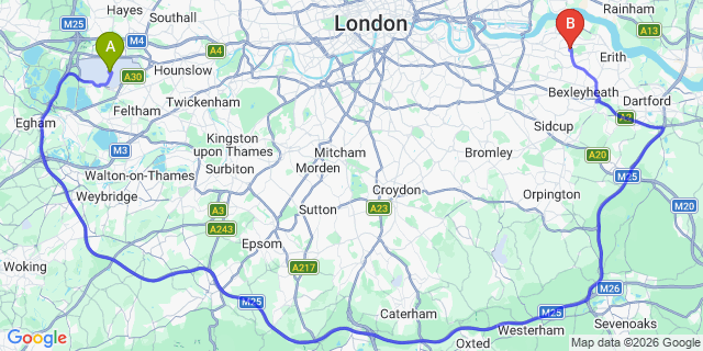Map: London Heathrow Airport (LHR) to London SE2