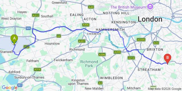 Map: London Heathrow Airport (LHR) to London SE21