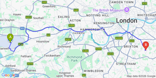 Map: London Heathrow Airport (LHR) to London SE22