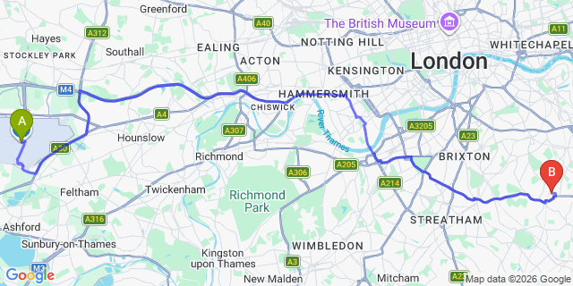 Map: London Heathrow Airport (LHR) to London SE23