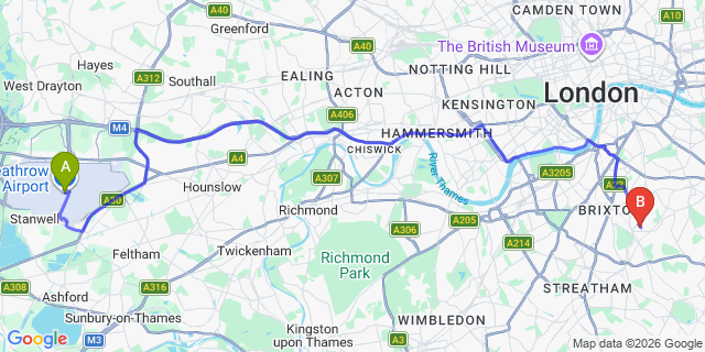 Map: London Heathrow Airport (LHR) to London SE24