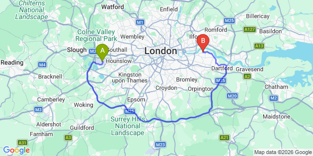 Map: London Heathrow Airport (LHR) to London SE28
