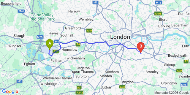 Map: London Heathrow Airport (LHR) to London SE4