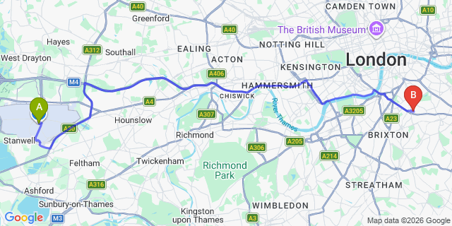 Map: London Heathrow Airport (LHR) to London SE5