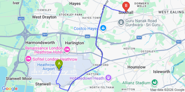 Map: London Heathrow Airport (LHR) to London - Southall