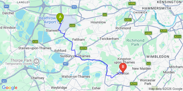 Map: London Heathrow Airport (LHR) to London - Surbiton
