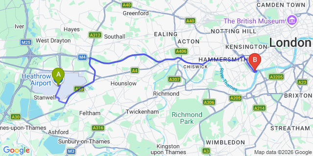 Map: London Heathrow Airport (LHR) to London SW10