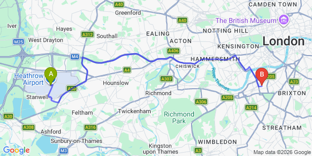 Map: London Heathrow Airport (LHR) to London SW11