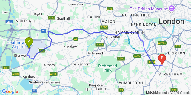Map: London Heathrow Airport (LHR) to London SW12
