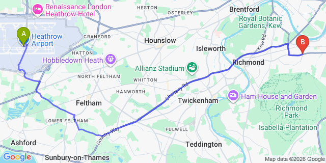 Map: London Heathrow Airport (LHR) to London SW14