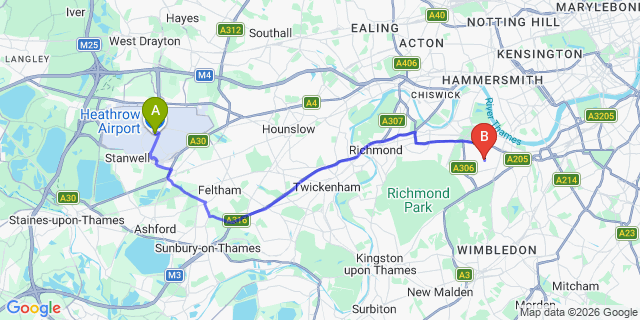 Map: London Heathrow Airport (LHR) to London SW15
