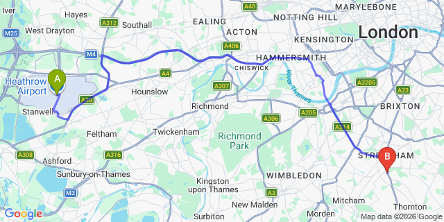 Map: London Heathrow Airport (LHR) to London SW16
