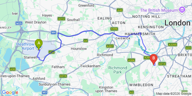 Map: London Heathrow Airport (LHR) to London SW18