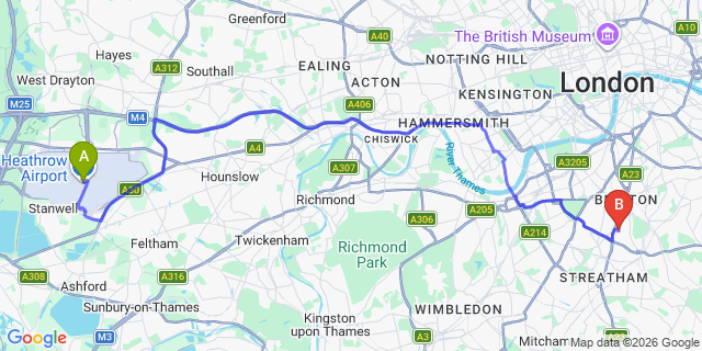 Map: London Heathrow Airport (LHR) to London SW2