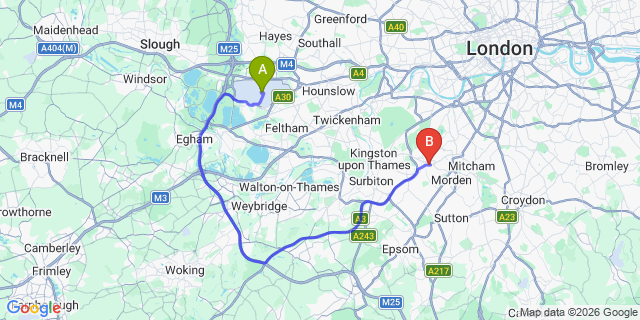 Map: London Heathrow Airport (LHR) to London SW20