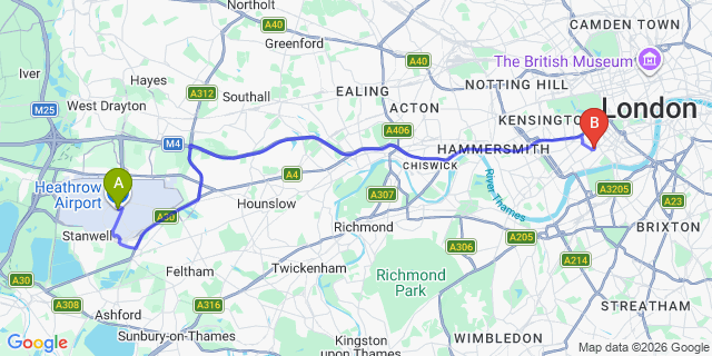 Map: London Heathrow Airport (LHR) to London SW3
