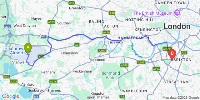 Map: London Heathrow Airport (LHR) to London SW4