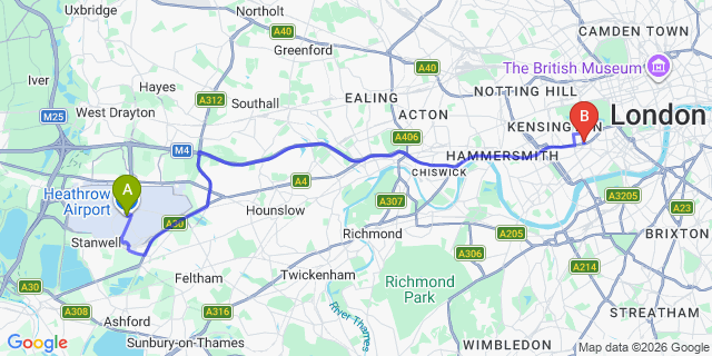 Map: London Heathrow Airport (LHR) to London SW7