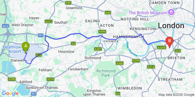Map: London Heathrow Airport (LHR) to London SW8