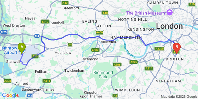Map: London Heathrow Airport (LHR) to London SW9