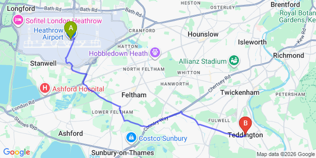 Map: London Heathrow Airport (LHR) to London - Teddington