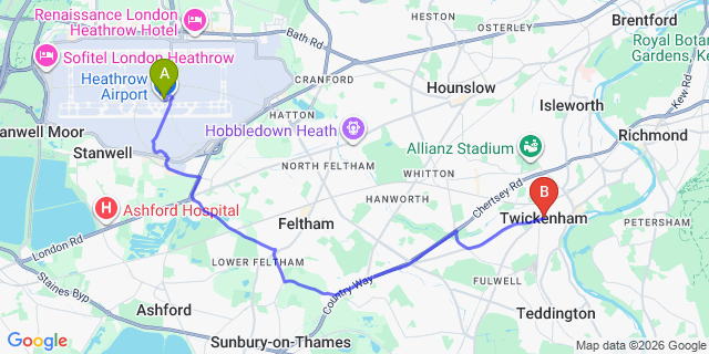 Map: London Heathrow Airport (LHR) to London - Twickenham
