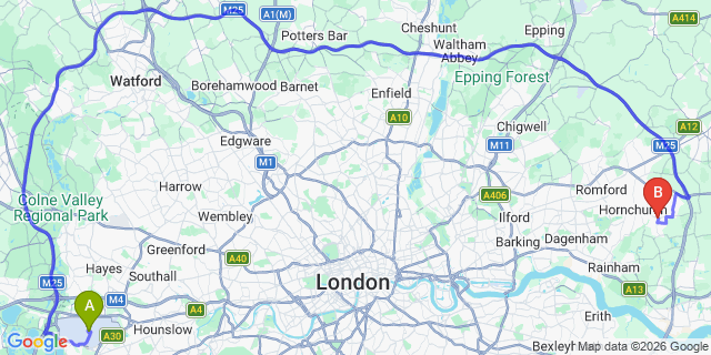 Map: London Heathrow Airport (LHR) to London - Upminster