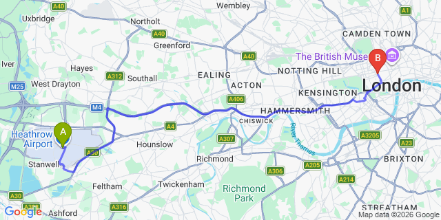 Map: London Heathrow Airport (LHR) to London W1