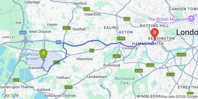 Map: London Heathrow Airport (LHR) to London W14