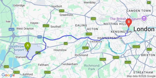Map: London Heathrow Airport (LHR) to London W2
