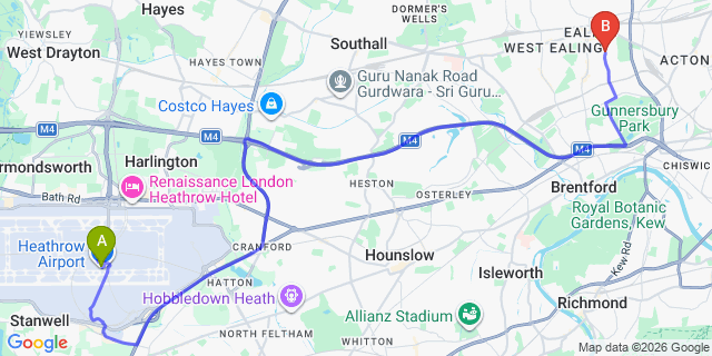 Map: London Heathrow Airport (LHR) to London W5