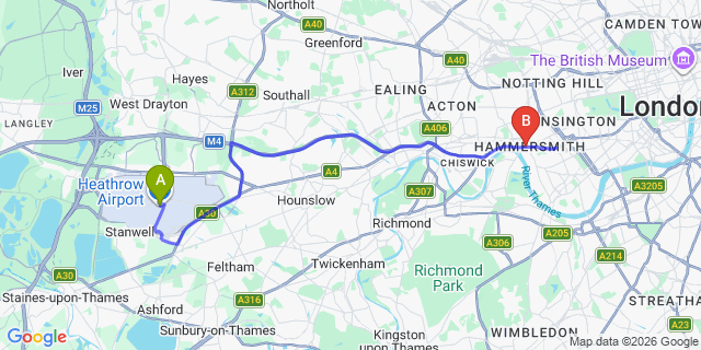 Map: London Heathrow Airport (LHR) to London W6