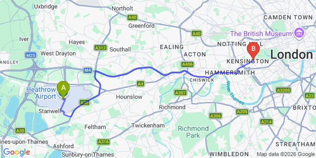 Map: London Heathrow Airport (LHR) to London W8