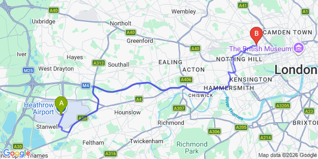 Map: London Heathrow Airport (LHR) to London W9