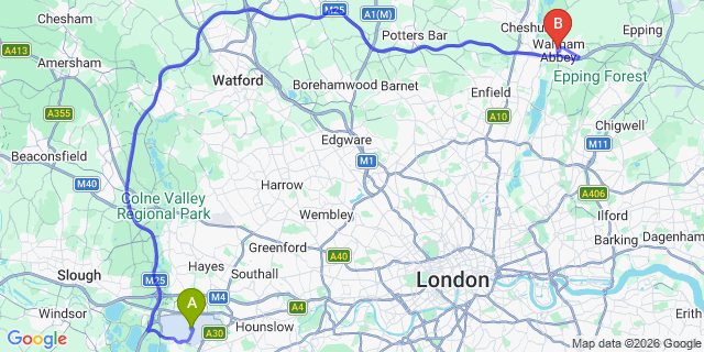 Map: London Heathrow Airport (LHR) to London - Waltham Abbey