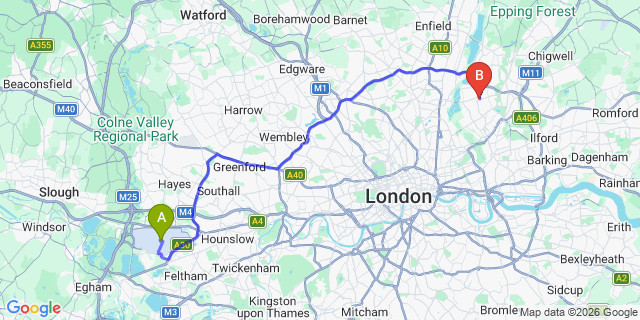 Map: London Heathrow Airport (LHR) to London - Walthamstow