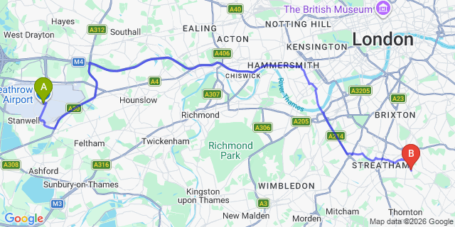 Map: London Heathrow Airport (LHR) to London - West Norwood