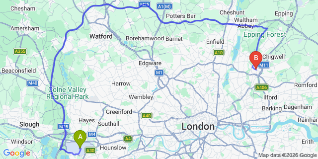 Map: London Heathrow Airport (LHR) to London - Woodford