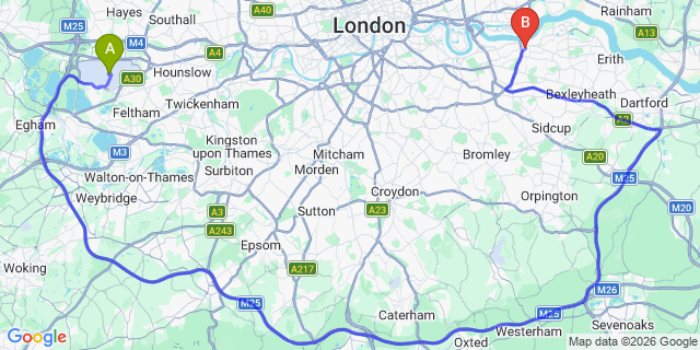 Map: London Heathrow Airport (LHR) to London - Woolwich
