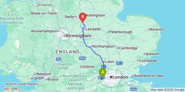 Map: London Heathrow Airport (LHR) to Loughborough